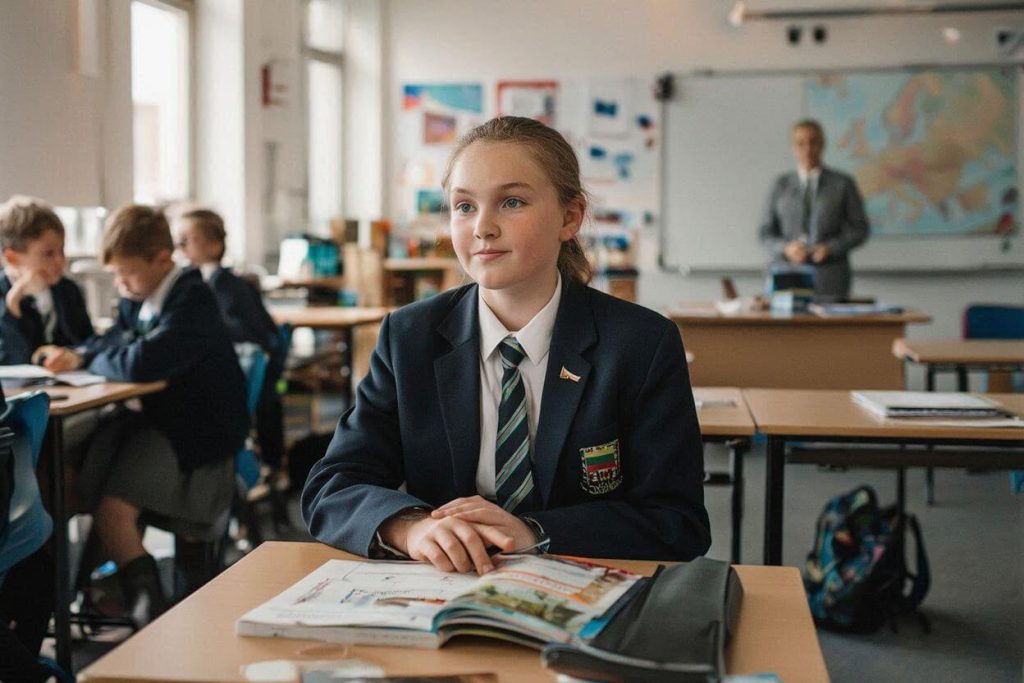 Lithuanian school girl sitting in the class